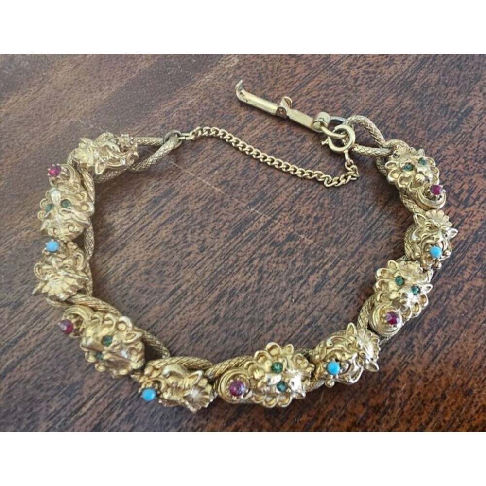Florenza Gold Tone Lions Head Bracelet with Security Chain **see desc.**